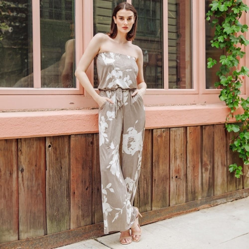 Clara Sun Woo Taupe Floral Strapless Jumpsuit